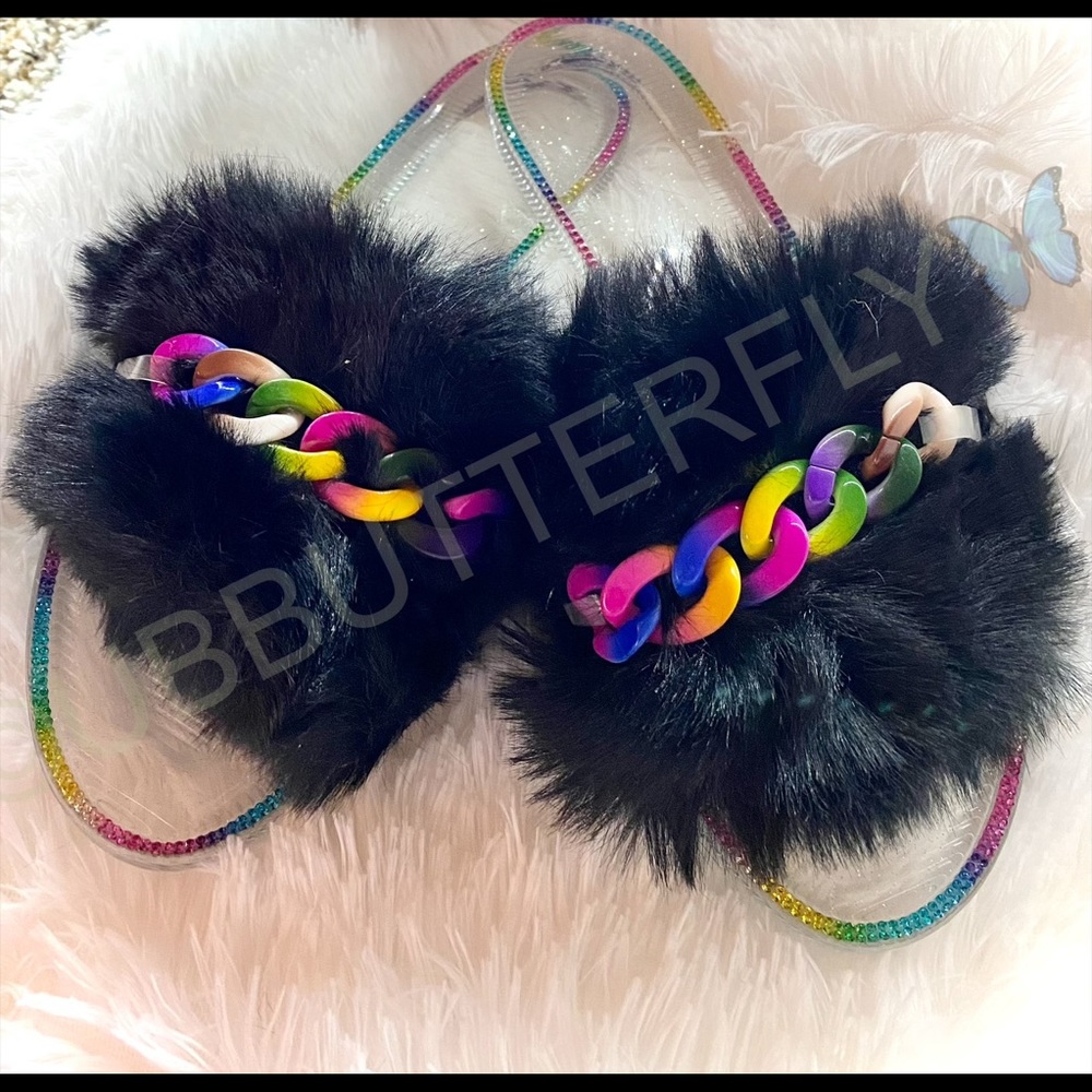 🌈BLACK & RAINBOW RHINESTONE JELLY SLIDE🌈